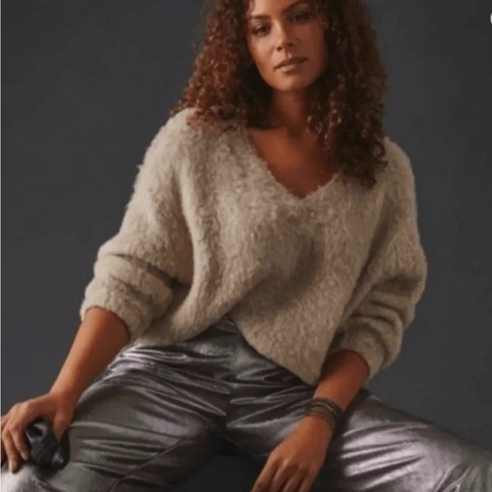 Anthropology Maeve Plush V-Neck Pullover Sweater- X-Small- Tan